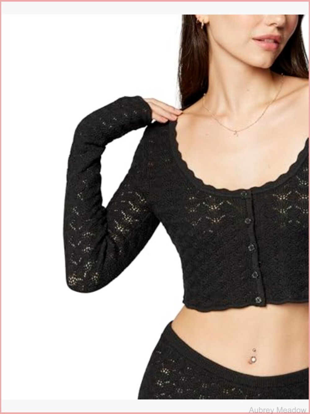 Pointelle Crop Cardi Sweater with Scallop Neck & Logo Buttons - Picture 5 of 6
